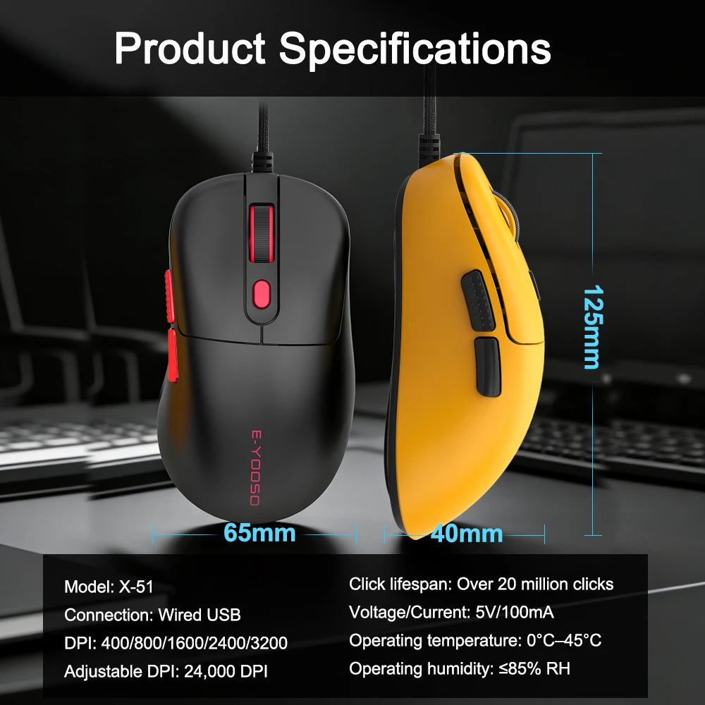 E-YOOSO X-51 USB Wired Gaming Mouse 24000 DPI 6 buttons programmable game Optical mice for Computer PC Laptop