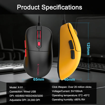 E-YOOSO X-51 USB Wired Gaming Mouse 24000 DPI 6 buttons programmable game Optical mice for Computer PC Laptop