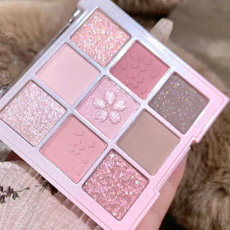 DIKALU 9-Color Sakura Eyeshadow Palette Glitter Matte Low Saturation Pink Brown Nude Makeup Shimmer Eye Pigments Long Lasting