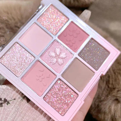 DIKALU 9-Color Sakura Eyeshadow Palette Glitter Matte Low Saturation Pink Brown Nude Makeup Shimmer Eye Pigments Long Lasting