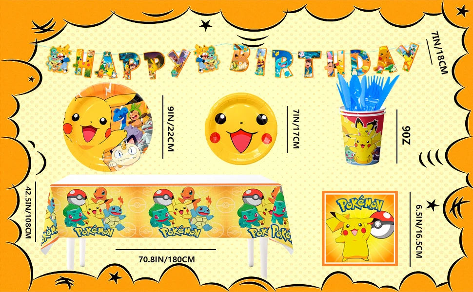 Pokemon Party Tableware,114 Pcs Pokemon Birthday Party Decorations- Pikachu Tablecloth Banner Plates etc Pokemon Party Supplies