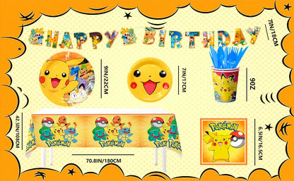 Pokemon Party Tableware,114 Pcs Pokemon Birthday Party Decorations- Pikachu Tablecloth Banner Plates etc Pokemon Party Supplies