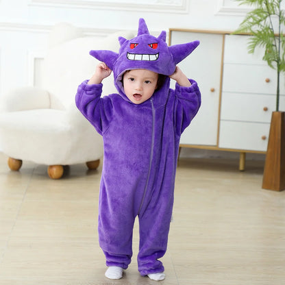Anime Gengar Onesies Cute Funny Pajama Boys Girls Halloween Festival Party Outfit Flannel Warm Soft  Romper Purple Jumpsuit