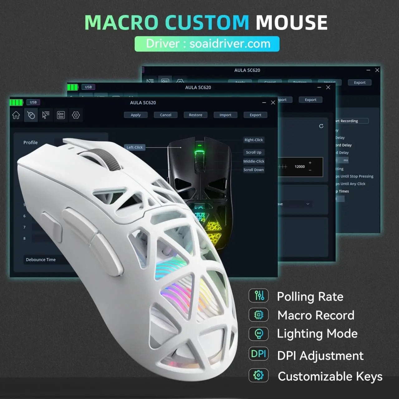 AULA SC620 Gaming Mouse Wired/Bluetooth/2.4G Light Weight Mouse Gamer PAW3311 Adjustable 12,000 DPI Life PC Gaming Accessories