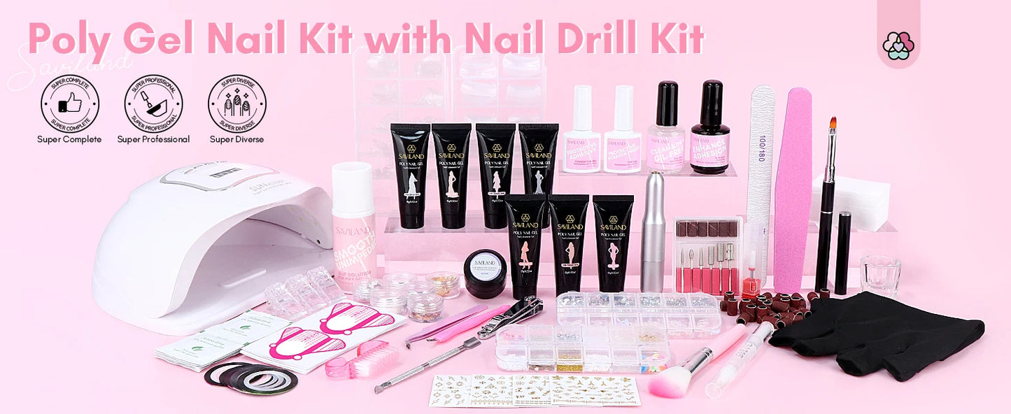 Saviland 7 Colors All In One Poly Gel Kit with UV Light Nail Drill Slip Solution for Nail Extension Home Salon DIY