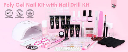 Saviland 7 Colors All In One Poly Gel Kit with UV Light Nail Drill Slip Solution for Nail Extension Home Salon DIY