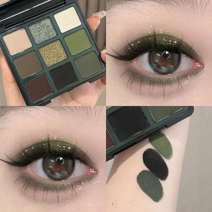 9 Color Eyeshadow Palette Olive Green Smoky Eye Look Pearlescent Shimmer Matte Eyeshadow Powder Makeup Palette Glitter Cosmetics