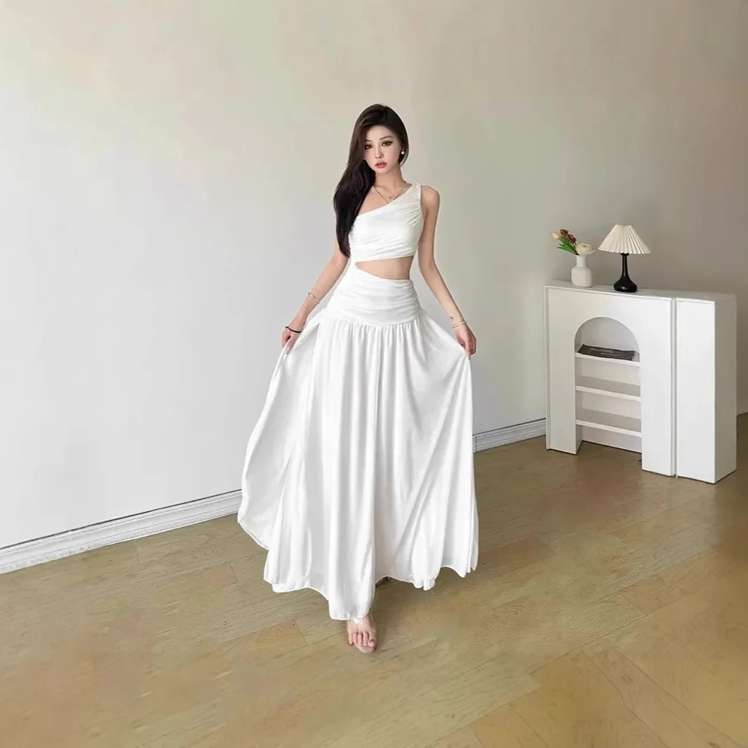 Original Quality French Style White Sleeveless Asymmetrical Shoulder Summer Long Dress Women's Holiday Feelings Skirt