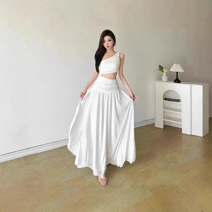 Original Quality French Style White Sleeveless Asymmetrical Shoulder Summer Long Dress Women's Holiday Feelings Skirt