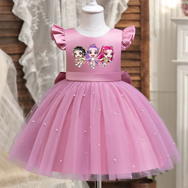 Girls' K-Pop "Pearl Essence" Gala Gown: Pink Tulle Tutu Dress with XL Back Bow & Beading