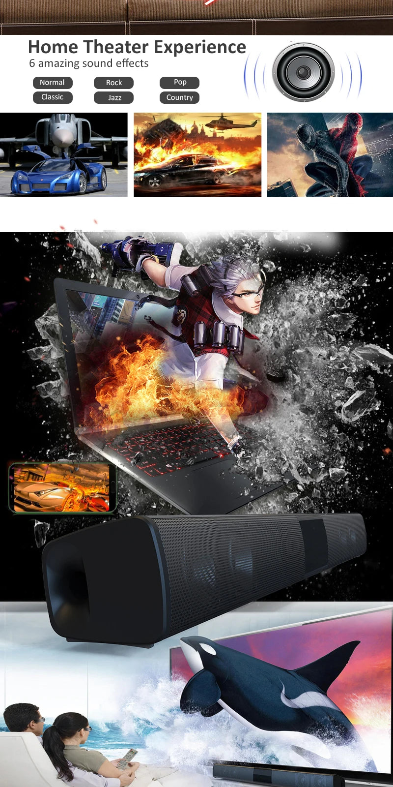 40W Bluetooth TV Soundbar with FM Radio & Surround Sound