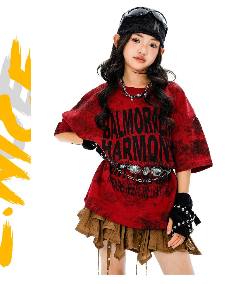 Girls Hiphop Group Jazz Dance Performance Clothes Loose Short Sleeve Top Pants Street Dance Costumes Wear