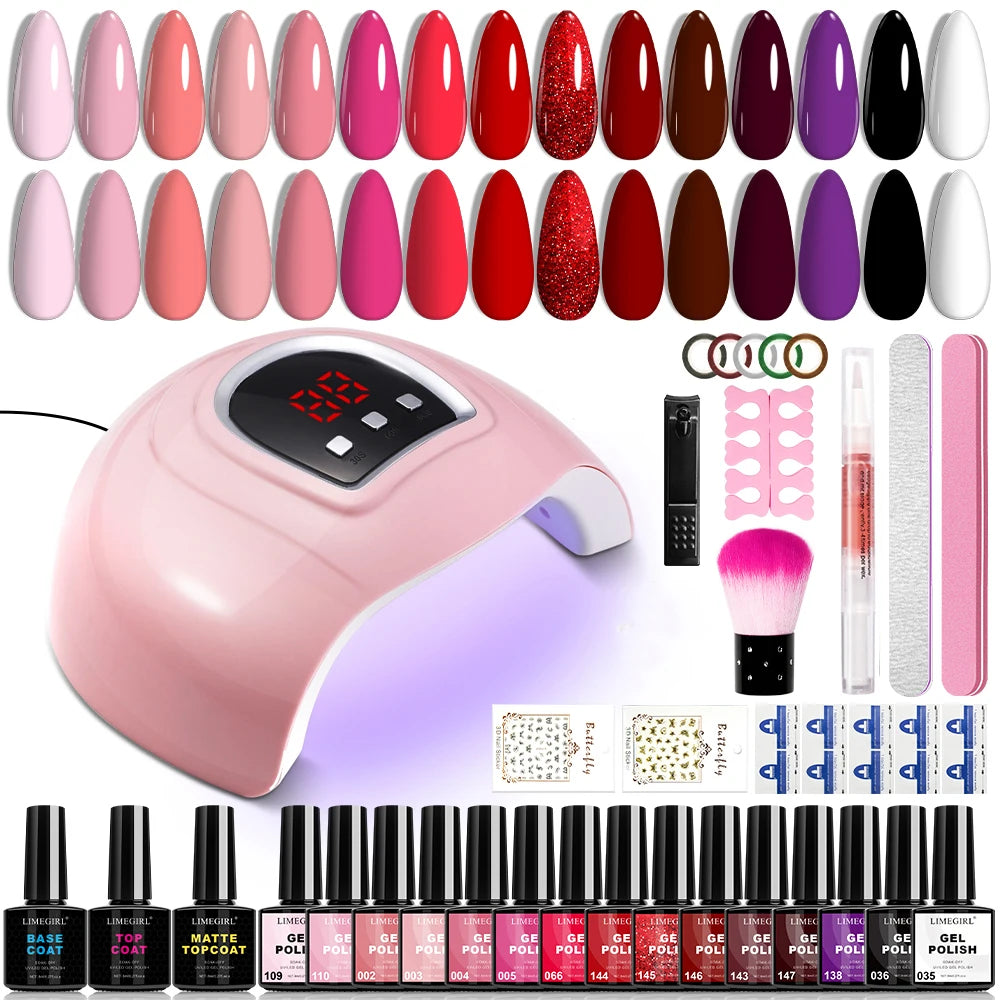 Limegirl Gel Nail Kit with Nail Lamp, 8ml Morandi Set, Base/Top/Matte, 30 Days Wear, UV/LED for Home & Salon