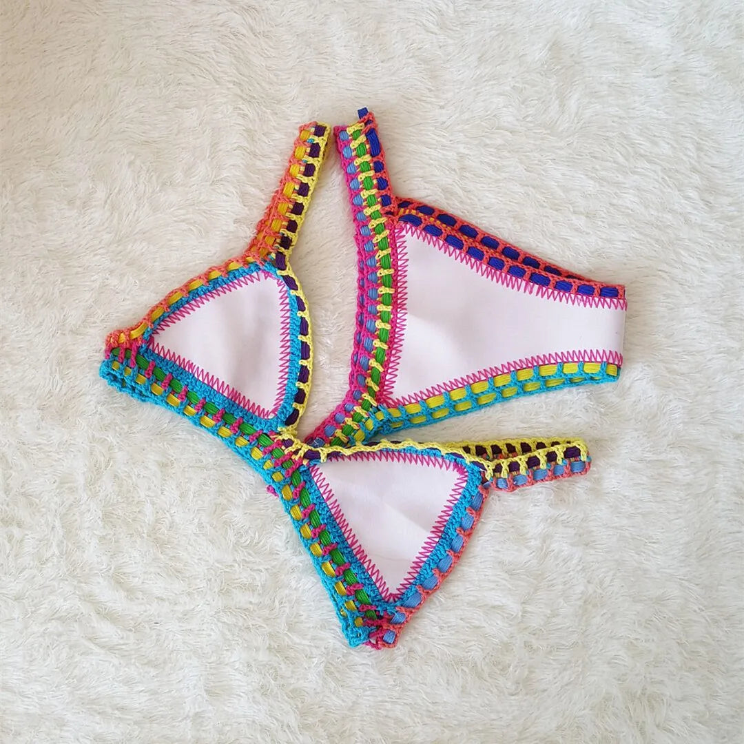 Bikini Crochet 2025 Handmade Knit Patchwork Reversible 2 Piece Swimsuit Women Halter Top Brazilian Bathing Suit Thong Swimwear