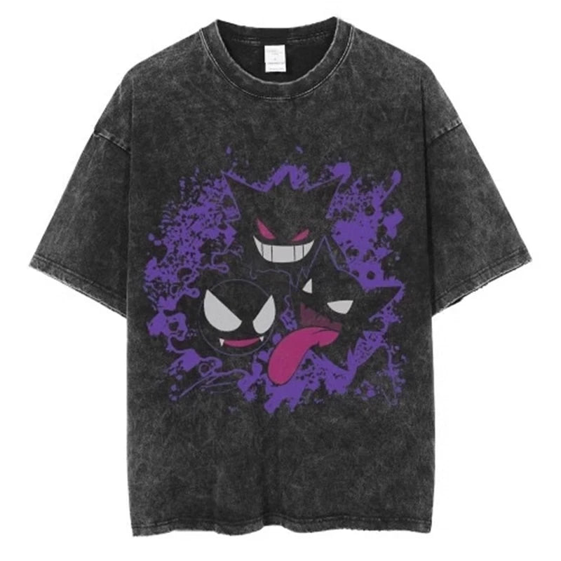 Pokemon Anime Retro Washed T-shirt Cotton Men's and Women's Summer New Item Plus Size T-shirt Y2K Loose Casual Short Sleeved Top