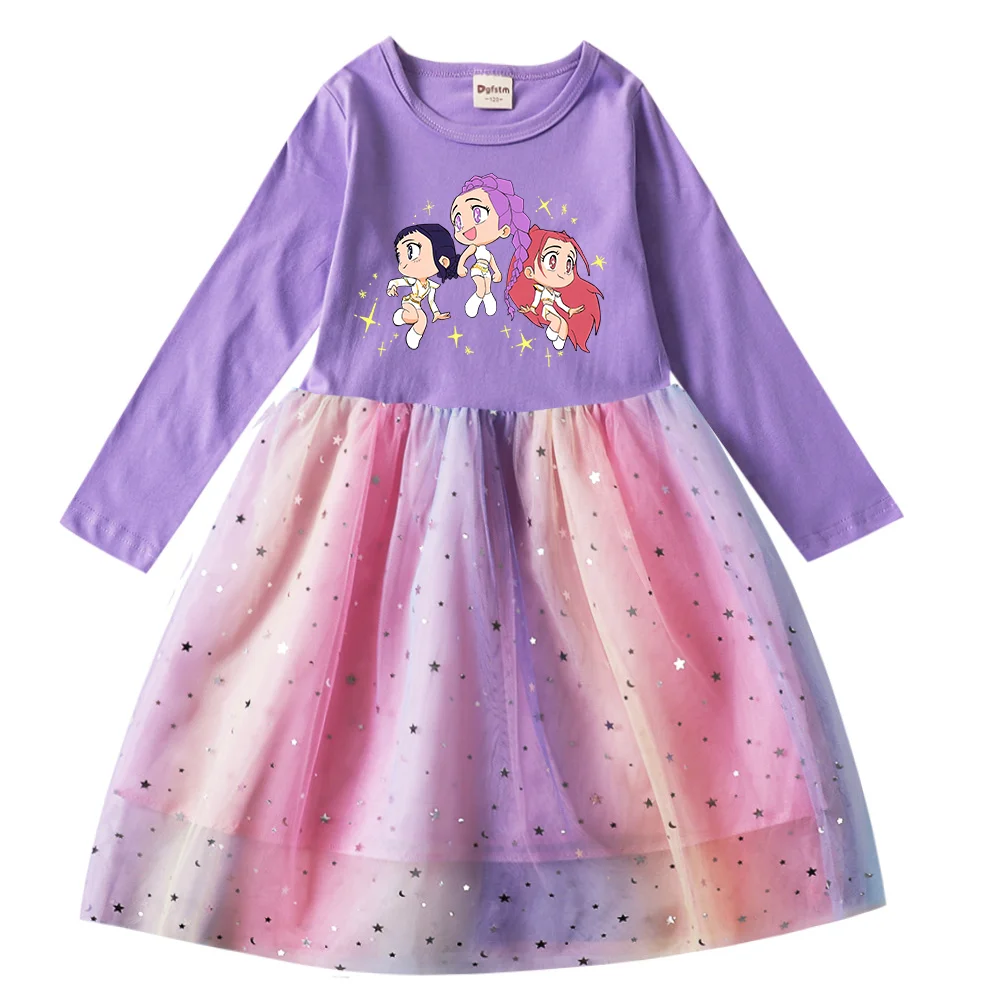 Girls' K-Pop Demon Hunters "Star Sparkle" Long Sleeve Tutu Dress: Rainbow Tulle Princess Gown