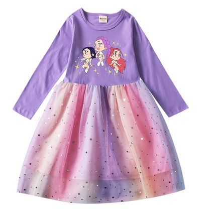 Girls' K-Pop Demon Hunters "Star Sparkle" Long Sleeve Tutu Dress: Rainbow Tulle Princess Gown