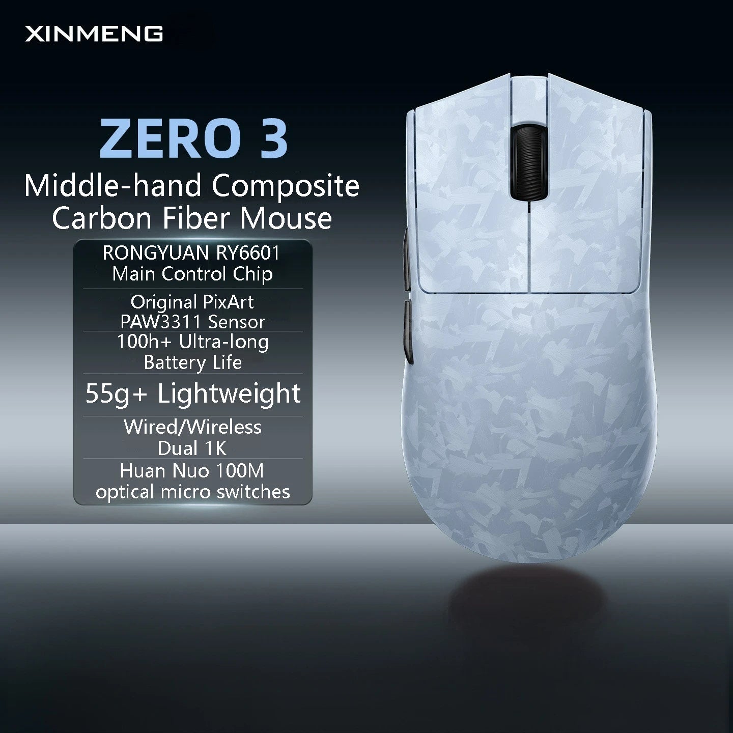XINMENG ZERO 3 Gaming Mouse PAW3311/PAW3395/PAW3950 E-sport Sensor 1K/8K Polling Rate Carbon Fiber Case 500mAh Battery Wireless