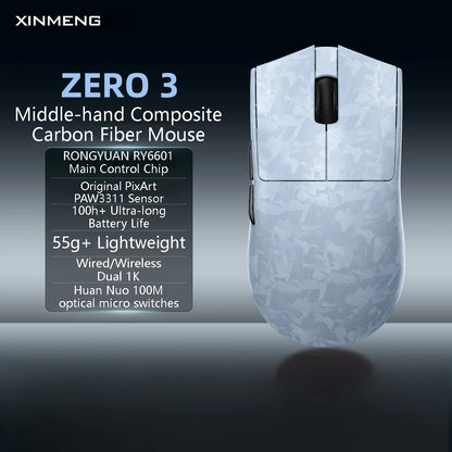 XINMENG ZERO 3 Gaming Mouse PAW3311/PAW3395/PAW3950 E-sport Sensor 1K/8K Polling Rate Carbon Fiber Case 500mAh Battery Wireless