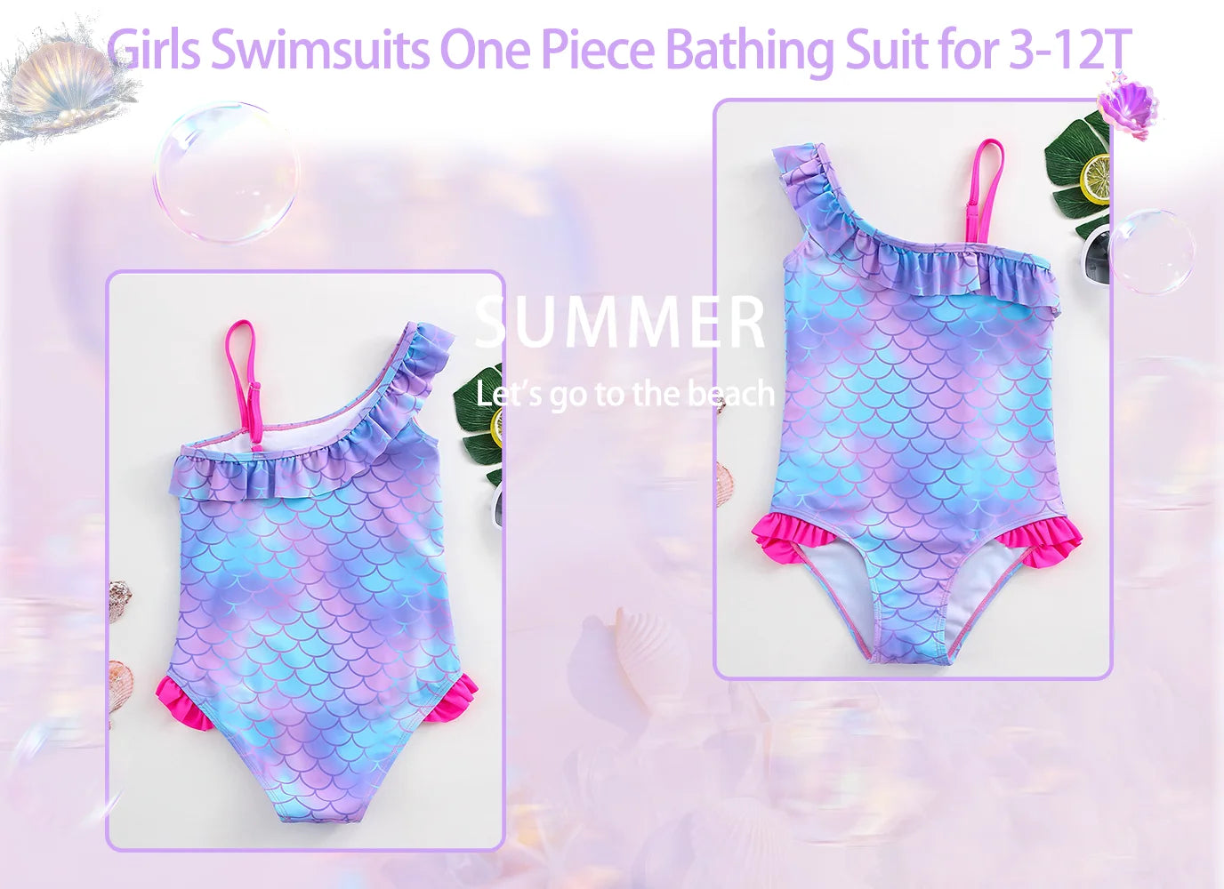 Girls' "Mermaid Heart" One-Piece Swimsuit: Colorful Scale Pattern with Asymmetric Ruffles