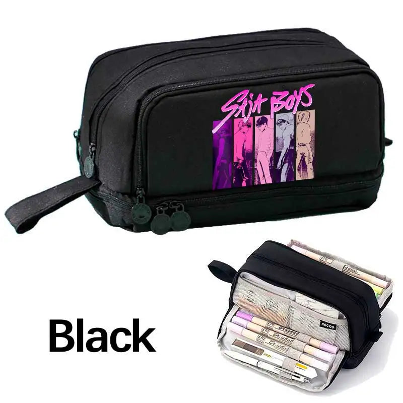 KPOP Pencil Case Student Storage Bag Stationery Large Space Storage 4 Compartment Pouch Double Side Opened