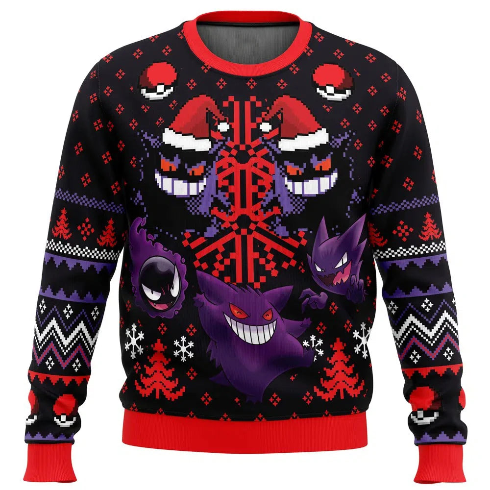 Bandai Pokemon Anime Peripheral Gengar Adult Kids Crewneck Ugly Christmas Sweatshirt Soft Comfy Loose Plus Size Autumn Winter
