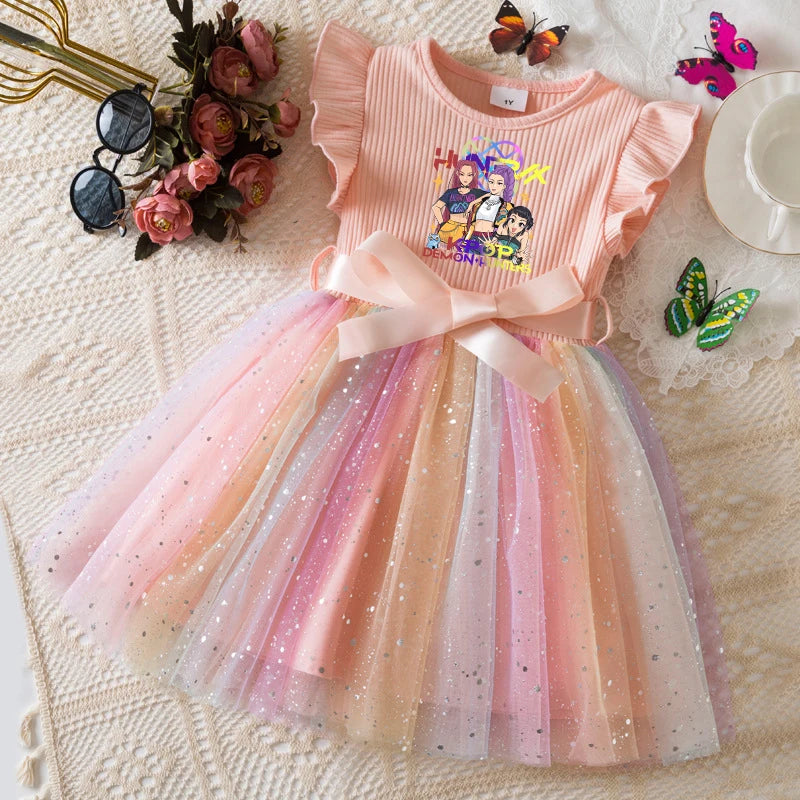 Girls' HUNTRX Rainbow Tulle Princess Dress: Sequin Star & Chibi Idol Party Gown