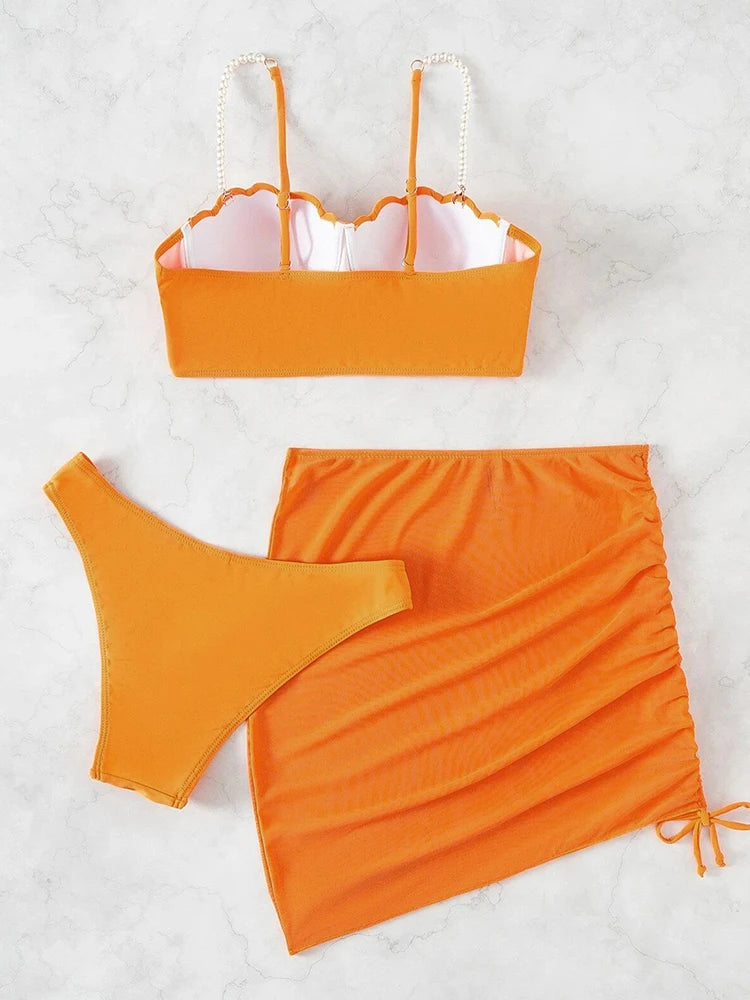 Sexy 3 Piece Bikinis Set Women Swimsuit with Skirt Swimwear 2023 New Female Push Up Bikini Beachwear Faux Pearl Bathing Suit