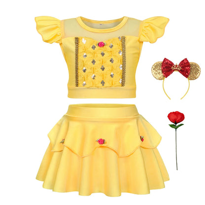 Girls Princess Swimsuit Cinderella Elsa Belle Rapunzel Cosplay Beachwear Kids Summer Fashion 2 Pcs Swimsuit Sets 2-9Yrs