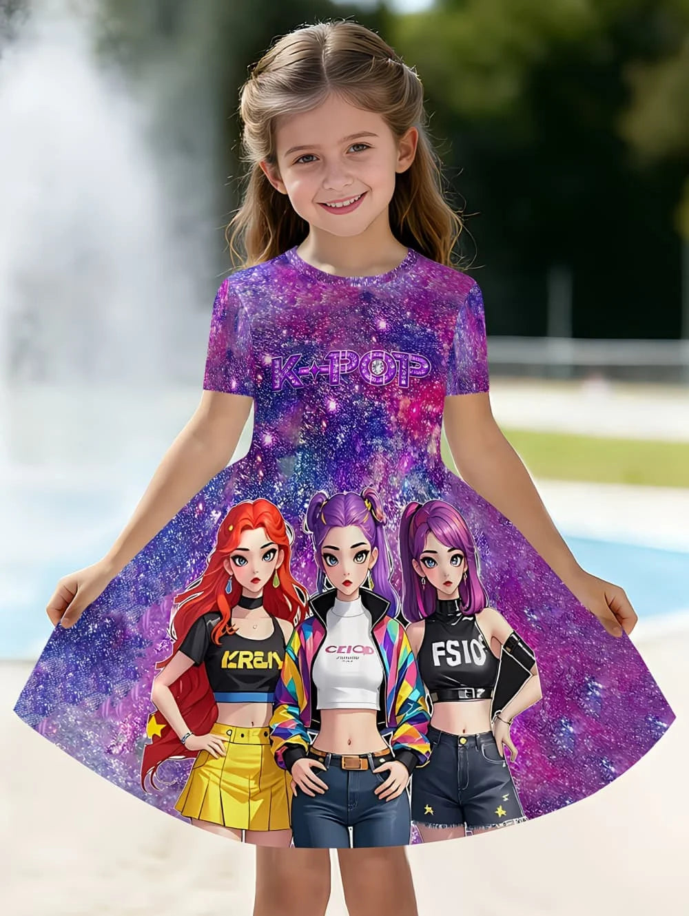 Girls' K-Pop "Anime Star" Summer Dress: Harajuku Style Short Sleeve A-Line Gown