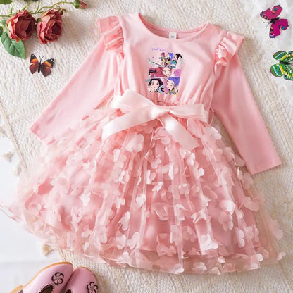 Girls' K-Pop HUNTRX "Butterfly Dreams" Dress: Long Sleeve 3D Applique Tutu Princess Gown