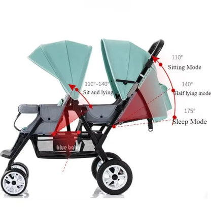 Large Double Stroller Sit Lying Foldable Portable Front & Rear Seat with Adjustable Backrest Canopy Double Brake Storage Basket