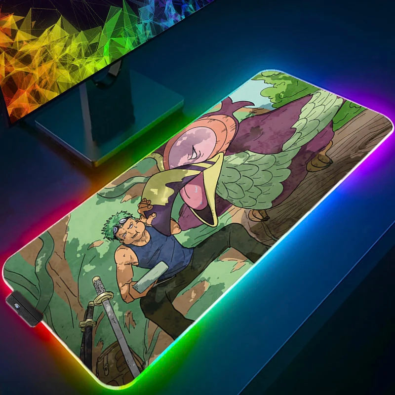 ONE PIECE Zoro RGB Mouse Pad Anime Carpe Large PC Gamer Computer LED Mausepad Keyboard Gaming Accessories Backlight Desk Mat XXL