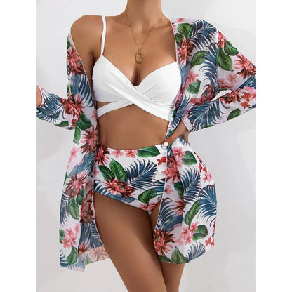 Three Pieces Bikini Set Cover Up Women 2023 New Push Up Twist Swimsuit Print Long Sleeve Swimwear Biquini Bathing Suit Summer