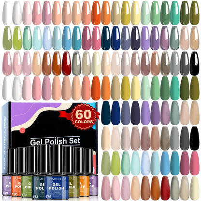 LIMEGIRL 60PCS Gel Nail Polish Art Kit Glitter 8ML Soak UV Semi-Permanent Gel Varn Nail Polish Suitable for Beginners Nail Set