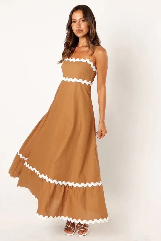 Sleeveless Scalloped Trim Midi Dress: Sexy Strapless Princess Silhouette Gown