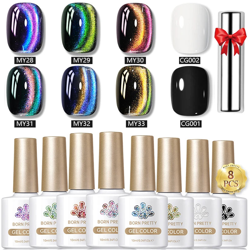 BORN PRETTY 8Pcs Glitter Cat Magnetic Nail Gel Polish Set Moonlight Transparent Summer Semi Permanent UV Gel Soak Off Nail Gel