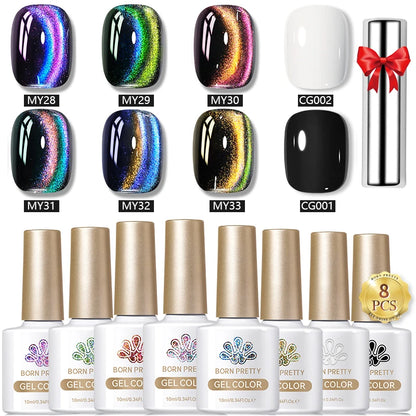 BORN PRETTY 8Pcs Glitter Cat Magnetic Nail Gel Polish Set Moonlight Transparent Summer Semi Permanent UV Gel Soak Off Nail Gel