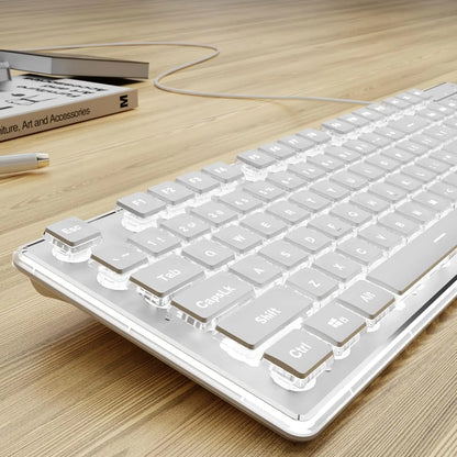 Wired USB Keyboard with White Backlit Metal Panel Pudding Keycaps Full Size Quiet Computer Keyboard for Windows PC Laptop Gamer