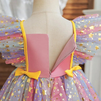 Girls' K-Pop "Starry Gala" Tutu Dress: Rainbow Tulle Gown with Gold Sequins & Ruffle Sleeves