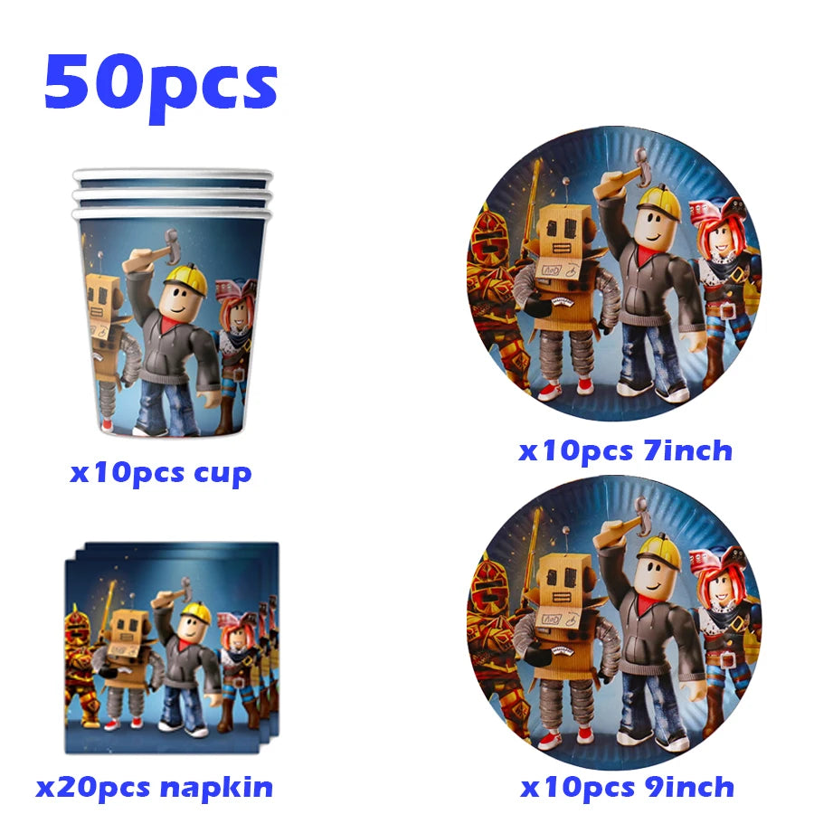 Roblox Theme Party Supplies Birthday Decorations Tableware Paper Cups Balloon Tablecloth Gift Bag Banner Cake Topper Baby Shower