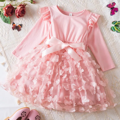 Girls' K-Pop HUNTRX "Butterfly Dreams" Dress: Long Sleeve 3D Applique Tutu Princess Gown