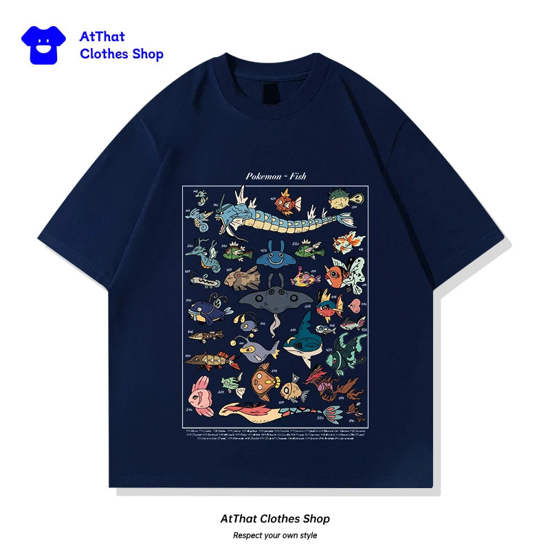 pokemon Fish Guide clothing, Japanese-style retro pure cotton loose summer short-sleeved T-shirt