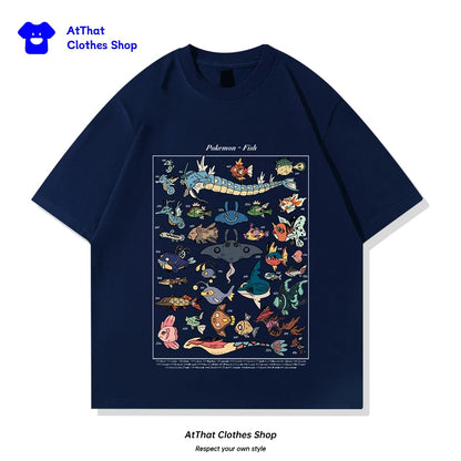 pokemon Fish Guide clothing, Japanese-style retro pure cotton loose summer short-sleeved T-shirt