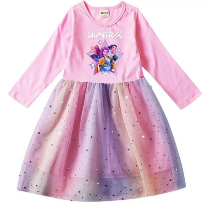 Girls' K-Pop Demon Hunters "Star Sparkle" Long Sleeve Tutu Dress: Rainbow Tulle Princess Gown