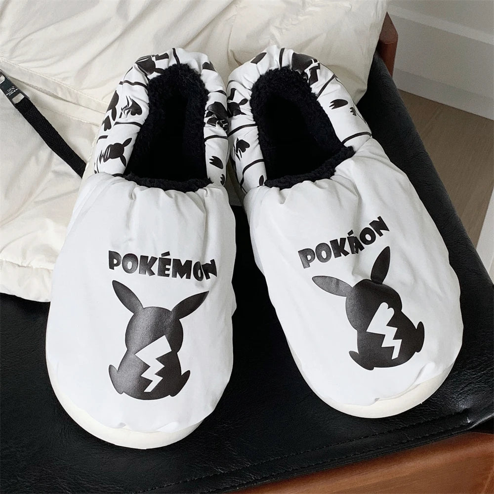 Pokemon Anime Couple Slippers Cute Pikachu Eevee Cartoon Cotton Home Shoes for Men And Women with Velvet Insulation Winter Gifts