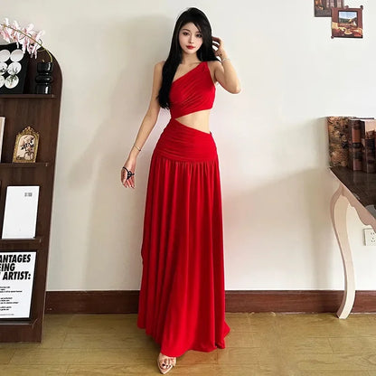 Original Quality French Style White Sleeveless Asymmetrical Shoulder Summer Long Dress Women's Holiday Feelings Skirt