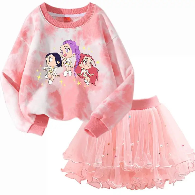 Girls' K-Pop HUNTRX Autumn Set: Pink Tie-Dye Sweatshirt & Pearl Tulle Princess Skirt