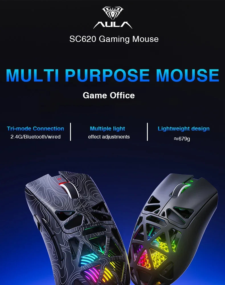 AULA SC620 Gaming Mouse Wired/Bluetooth/2.4G Light Weight Mouse Gamer PAW3311 Adjustable 12,000 DPI Life PC Gaming Accessories
