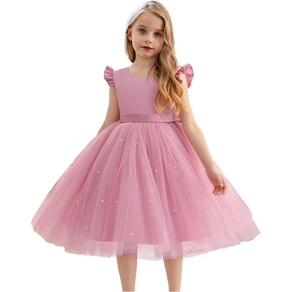 Girls' K-Pop "Pearl Essence" Gala Gown: Pink Tulle Tutu Dress with XL Back Bow & Beading